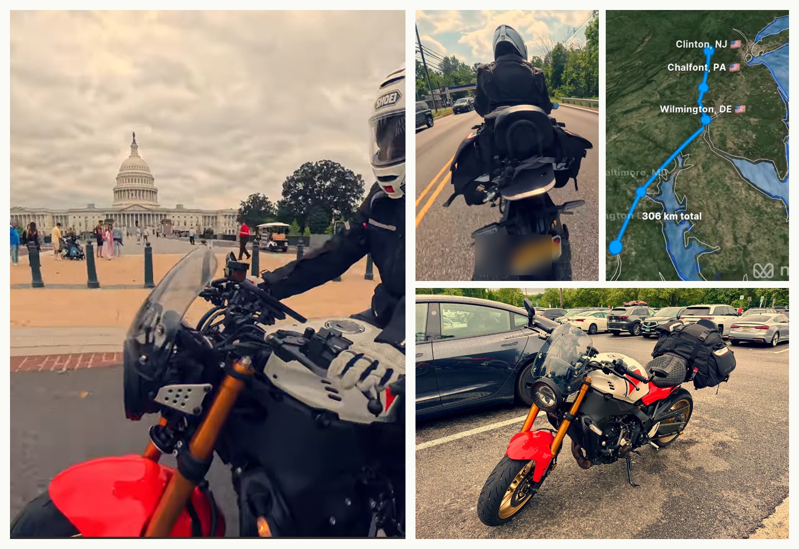 Collage from a motorcycle ride to Washington, DC: riding up to the Capitol, a loaded rear rack on the highway, the route map through New Jersey, Pennsylvania, and Delaware, and the bike parked at the end of the trip.