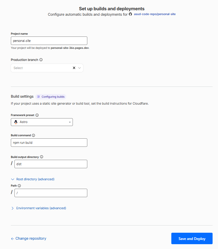 Cloudflare Pages build settings screen showing the Astro framework preset, the npm run build command, and the dist output directory