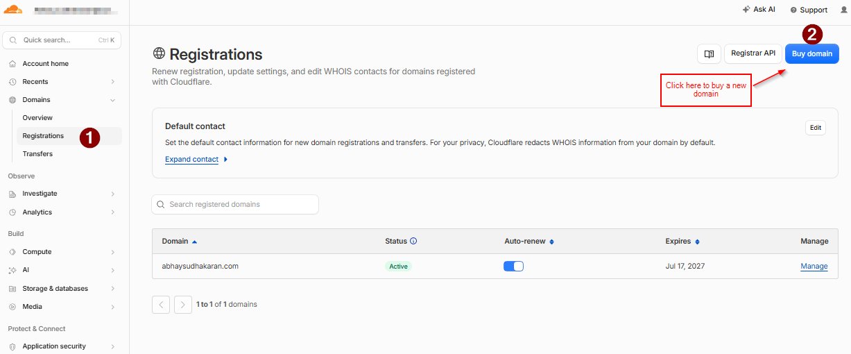 Cloudflare's domain Registrations page with the "Buy domain" button highlighted