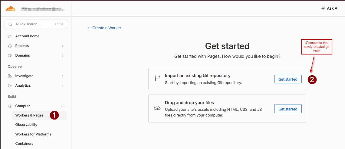 Cloudflare Pages "Get started" screen, importing an existing Git repository