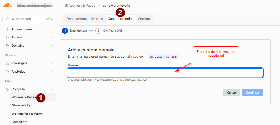 Cloudflare Pages custom domain setup screen, entering a domain to attach