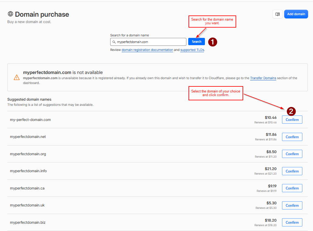 Cloudflare Registrar domain search results with suggested alternatives and pricing
